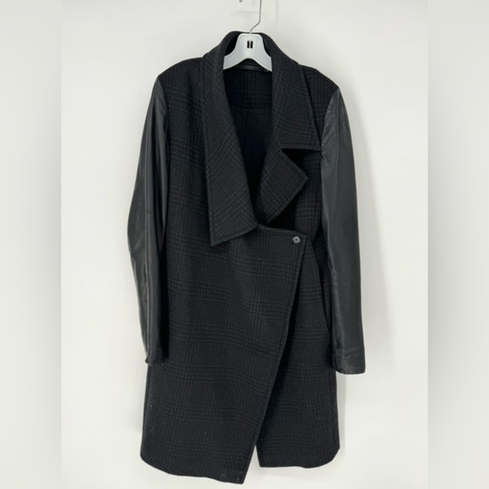 All Saints wool blend Black long plaid Coat with lambkin sleeves size 6 US